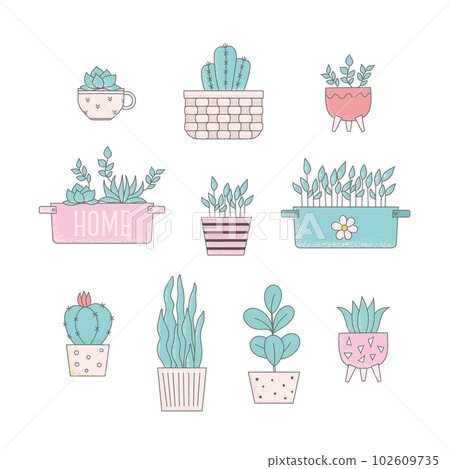 Cartoon home plants in flowerpot vector illustrations. Trendy home decor, cactus, urban jungle, cute houseplants, for stickers, card, story, social media. Cartoon home plants in flowerpot vector illustrations. Trendy home decor, cactus, urban jungle, cute houseplants, for stickers, card, story, social media. 102609735