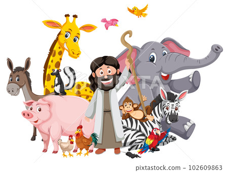 Noah ark Jesus Christ cartoon with animal 102609863