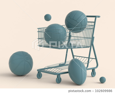Set of ball like basketball, football and golf in shopping cart on monochrome Set of ball like basketball, football and golf in shopping cart on monochrome 102609986