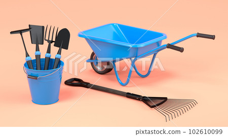Garden wheelbarrow with garden tools like shovel, rake and fork on orange 102610099
