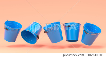 Set of metal garden buckets for hydration of plants on orange background 102610103