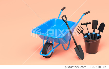 Garden wheelbarrow with garden tools like shovel, rake and fork on orange 102610104