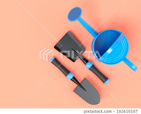 Watering can with garden tools like shovel, rake and fork on orange background. 102610107