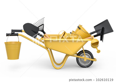 Garden wheelbarrow with garden tools like shovel, watering can and fork on white 102610119