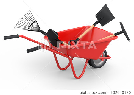Garden wheelbarrow with garden tools like shovel, rake and fork on white. 102610120