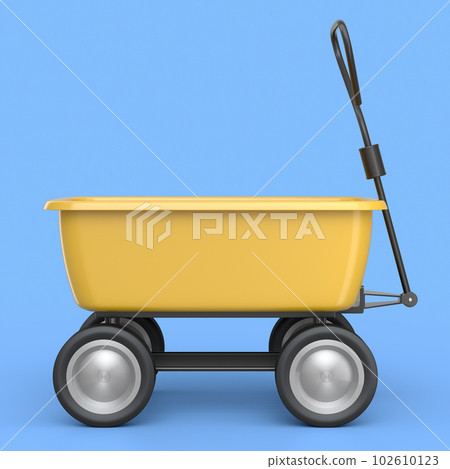 Garden wheelbarrow isolated on blue background. Handcart with wheel. Garden wheelbarrow isolated on blue background. Handcart with wheel. 102610123