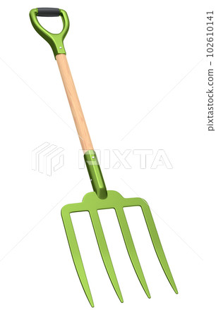 Garden pitchfork with wooden handle for harvesting hay on white background. 102610141