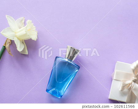 gift box and bottle of perfume with narcissus on lilac background gift box and bottle of perfume with narcissus on lilac background 102611566