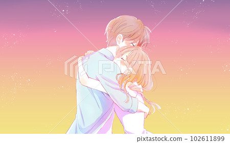 一個男人和一個女人愉快地互相擁抱夏日黃昏 一個男人和一個女人愉快地互相擁抱夏日黃昏 102611899