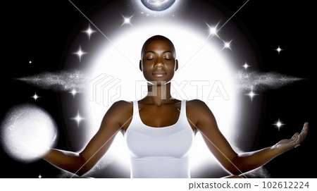 Beautiful african american woman against night sky with full moon. Generative AI 102612224