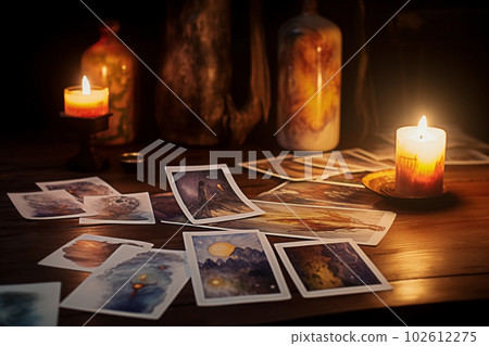 Tarot cards. Magic occult background. Tarot cards on table. Generative AI Tarot cards. Magic occult background. Tarot cards on table. Generative AI 102612275