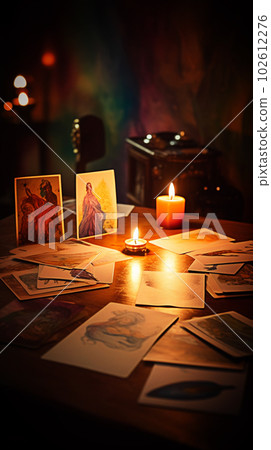 Blurred tarot cards on the table, esoteric concept, fortune telling predictions. Generative AI Blurred tarot cards on the table, esoteric concept, fortune telling predictions. Generative AI 102612276