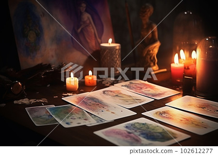 Tarot cards layout on witch table. Esoteric concept and astrology. Generative AI Tarot cards layout on witch table. Esoteric concept and astrology. Generative AI 102612277