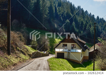 Mountain cottage in the Alps. Panoramic view of beautiful mountain landscape in the Bad Rippoldsau-Schapbach in the Black Forest, area near Burgbach Wasserfall, Baden-Wurttemberg, southern Germany. Mountain cottage in the Alps. Panoramic view of beautiful mountain landscape in the Bad Rippoldsau-Schapbach in the Black Forest, area near Burgbach Wasserfall, Baden-Wurttemberg, southern Germany. 102612414