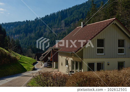 Mountain cottage in the Alps. Panoramic view of beautiful mountain landscape in the Bad Rippoldsau-Schapbach in the Black Forest, area near Burgbach Wasserfall, Baden-Wurttemberg, southern Germany. 102612501