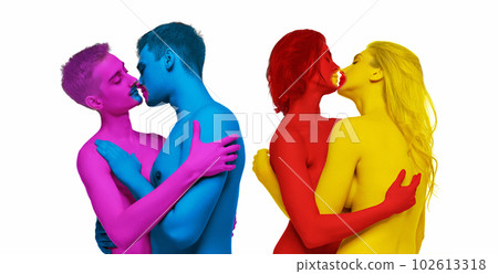 Portrait of four young people, same sex couples posing shirtless, kissing over white background. LGBTQIA supporters 102613318