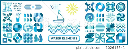 Set of water design elements in simple bauhaus geometric style wuth icons. Good for branding, package decoration of drink, mineral water, cover design, decorative print, background. Set of water design elements in simple bauhaus geometric style wuth icons. Good for branding, package decoration of drink, mineral water, cover design, decorative print, background. 102613341