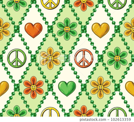 Seamless pattern with chamomile flower, heart, peace sign, beads, emoji. Rhombus geometric grid. Peaceful, positive background in groovy, hippie style. 102613359