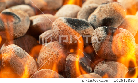 Freeze Motion Shot of Glowing Charcoal Briquettes on Garden Grill, Macro Shot 102613856