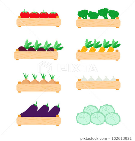 Organic food vegetables in wooden boxes set Organic food vegetables in wooden boxes set 102613921