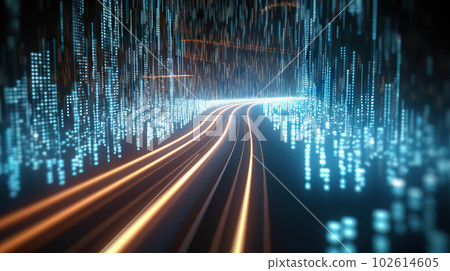 abstract highway path through digital binary towers in city. Concept of big data. created with Generative AI abstract highway path through digital binary towers in city. Concept of big data. created with Generative AI 102614605