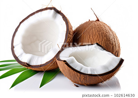 Fresh Coconut with Half and Leaves Isolated on White Background. created with Generative AI 102614630