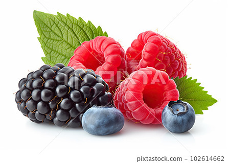 Juicy Wild Berry Mix with Raspberry, Blueberries, and Blackberries - Fresh and Vibrant Berries on White Background. created with Generative AI 102614662