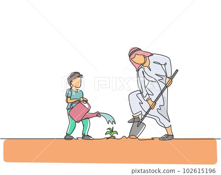 One continuous line drawing of young Islamic biy hep his father watering plant at house garden. Happy Arabian muslim parenting family concept. Dynamic single line draw design vector illustration One continuous line drawing of young Islamic biy hep his father watering plant at house garden. Happy Arabian muslim parenting family concept. Dynamic single line draw design vector illustration 102615196