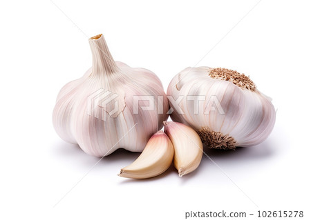 Fresh Garlic Bulbs Isolated on White Background for Culinary and Health-related Concepts. created with Generative AI Fresh Garlic Bulbs Isolated on White Background for Culinary and Health-related Concepts. created with Generative AI 102615278