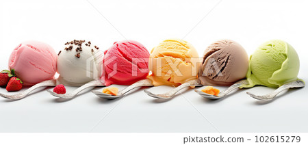 Assorted Ice Cream Scoops in a Set, Delicious Sweet Treats Isolated on White Background. created with Generative AI Assorted Ice Cream Scoops in a Set, Delicious Sweet Treats Isolated on White Background. created with Generative AI 102615279