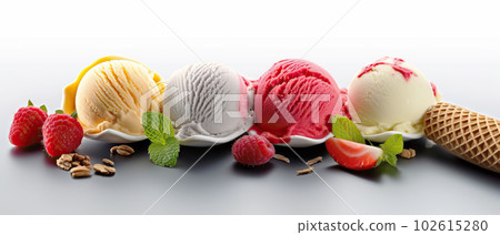 Assorted Ice Cream Scoops in a Set, Delicious Sweet Treats Isolated on White Background. created with Generative AI 102615280