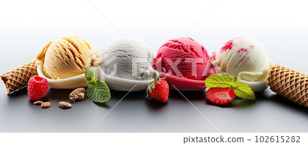 Assorted Ice Cream Scoops in a Set, Delicious Sweet Treats Isolated on White Background. created with Generative AI 102615282