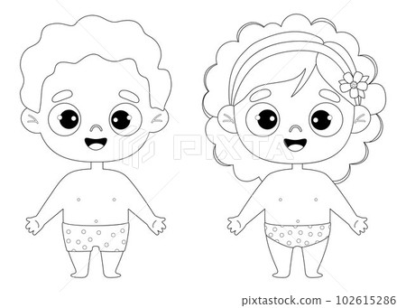 Two cute smiling kids in shorts. Outline drawing coloring book. Vector illustration. Childrens collection. Drawing coloring book. Isolated funny kids on white background Two cute smiling kids in shorts. Outline drawing coloring book. Vector illustration. Childrens collection. Drawing coloring book. Isolated funny kids on white background 102615286