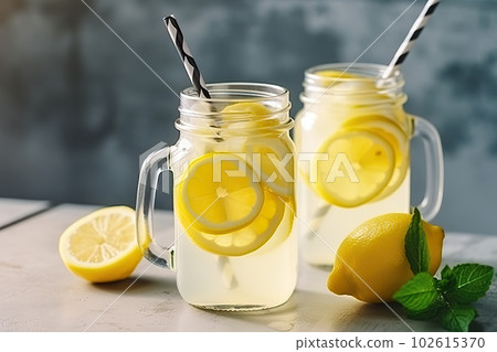 Refreshing Summer Lemonade in Mason Jars with Lemon Slices and Ice. created with Generative AI 102615370