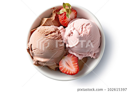 Chocolate, Vanilla, and Strawberry Ice Cream on a White Background. created with Generative AI Chocolate, Vanilla, and Strawberry Ice Cream on a White Background. created with Generative AI 102615397