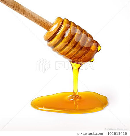 Golden honey dripping from a spoon on a white background. created with Generative AI 102615416