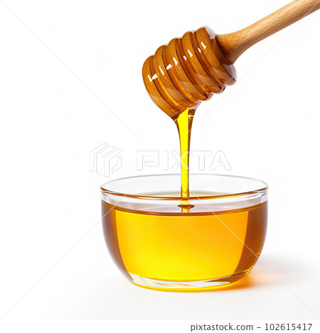 Golden honey dripping from a spoon on a white background. created with Generative AI 102615417