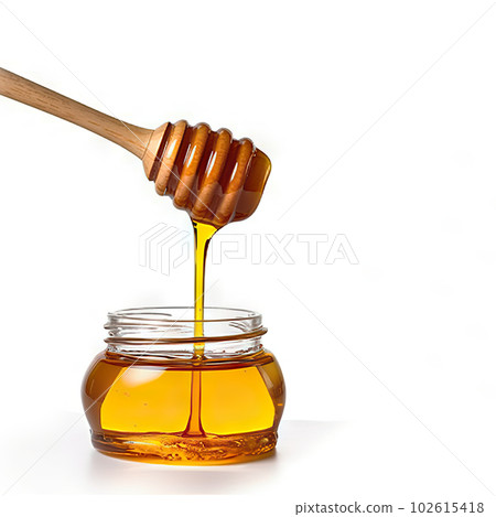 Golden honey dripping from a spoon on a white background. created with Generative AI 102615418