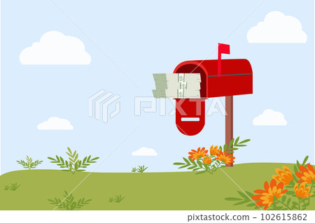 Money stacks in red open mailbox with nature background. 102615862