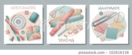 Set of postcards with sewing tools. Embroidery, sewing, needlework, handmade, hobby. Banner, flyer for sewing workshops, ateliers, sewing courses Set of postcards with sewing tools. Embroidery, sewing, needlework, handmade, hobby. Banner, flyer for sewing workshops, ateliers, sewing courses 102616136