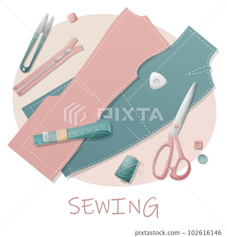 Postcard with sewing tools. Sewing, hobby, needlework. Illustration with a pattern, pattern and scissors. Background, banner flyer for a sewing workshop Postcard with sewing tools. Sewing, hobby, needlework. Illustration with a pattern, pattern and scissors. Background, banner flyer for a sewing workshop 102616146