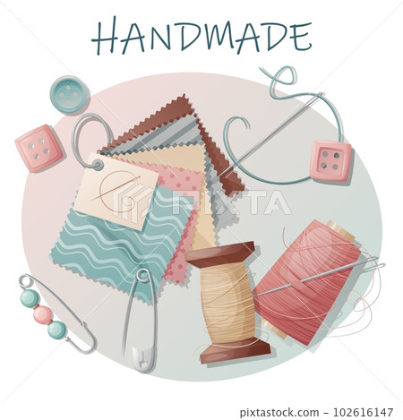 Postcard with sewing tools. Sewing, hobby, needlework. Illustration with pins, threads, pin cushion, buttons.Background, banner flyer for sewing workshop 102616147