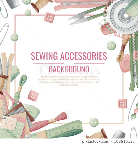 Frame with sewing accessories. Vector template with drawn colorful illustrations of sewing tools and supplies. Poster, banner for a sewing shop or studio Frame with sewing accessories. Vector template with drawn colorful illustrations of sewing tools and supplies. Poster, banner for a sewing shop or studio 102616153
