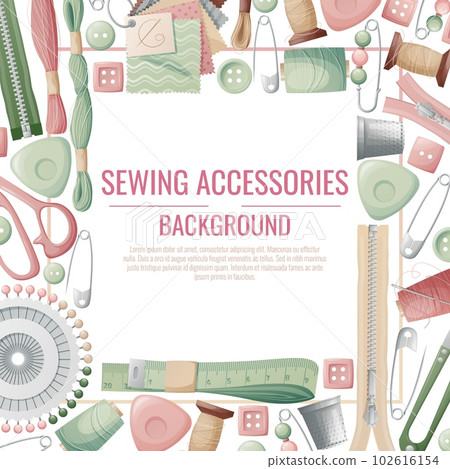 Frame with sewing accessories. Vector template with drawn colorful illustrations of sewing tools and supplies. Poster, banner for a sewing shop or studio Frame with sewing accessories. Vector template with drawn colorful illustrations of sewing tools and supplies. Poster, banner for a sewing shop or studio 102616154