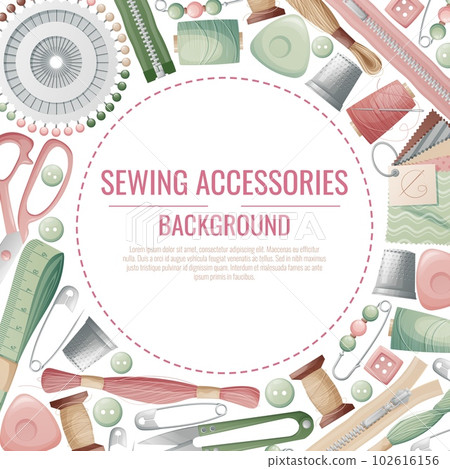 Frame with sewing accessories. Vector template with drawn colorful illustrations of sewing tools and supplies. Poster, banner for a sewing shop or studio 102616156