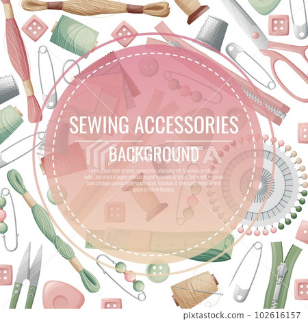Frame with sewing accessories. Vector template with drawn colorful illustrations of sewing tools and supplies. Poster, banner for a sewing shop or studio Frame with sewing accessories. Vector template with drawn colorful illustrations of sewing tools and supplies. Poster, banner for a sewing shop or studio 102616157