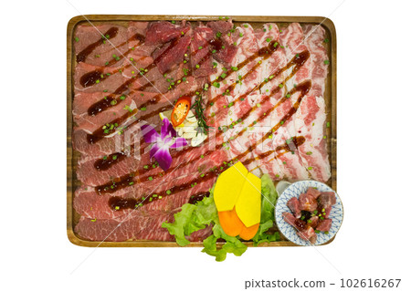 Top view of Big Set of striped calf beef prepare for grilled, focus selective Top view of Big Set of striped calf beef prepare for grilled, focus selective 102616267