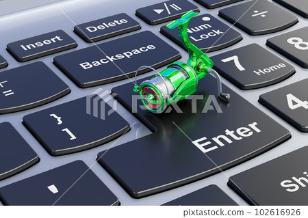 Spinning reel on laptop keyboard. 3D rendering 102616926