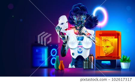 Beautiful robot woman with AI in wig paints her lips with lipstick, makes makeup. Scary mechanical robot disguises itself as human with help 3d printer. Terrible face of robot hidden under human mask. 102617317