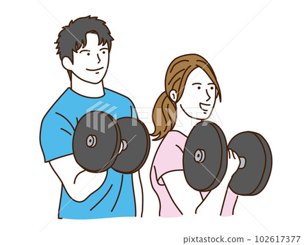 Young man and woman with dumbbells smiling at the gym 102617377
